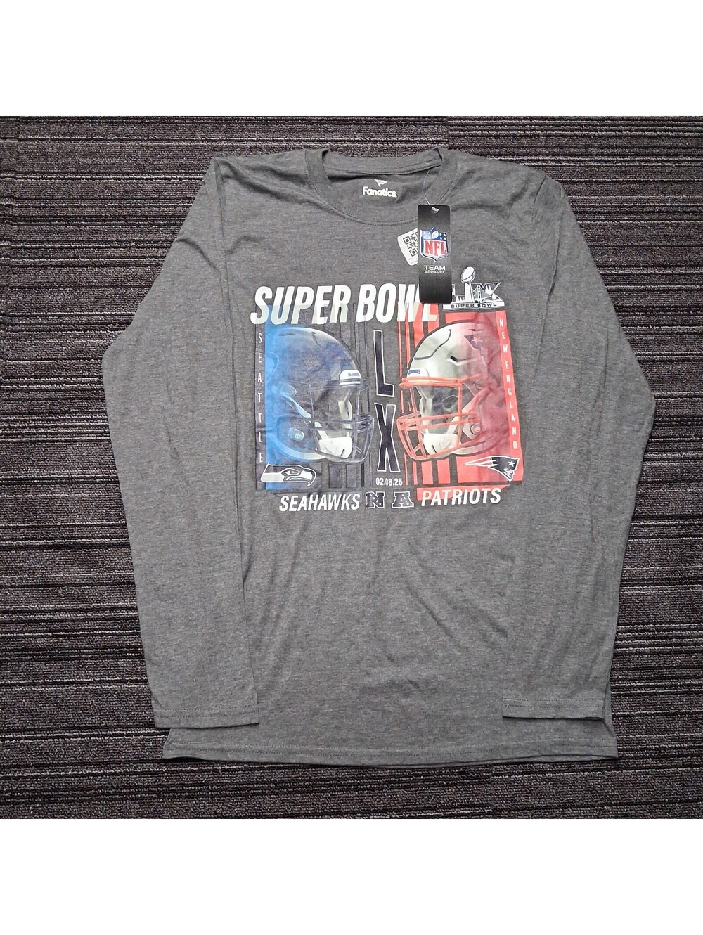 Super Bowl LIX Seahawks Patriots Fanatics Long Sleeve Shirt Mens XL NWT 2025